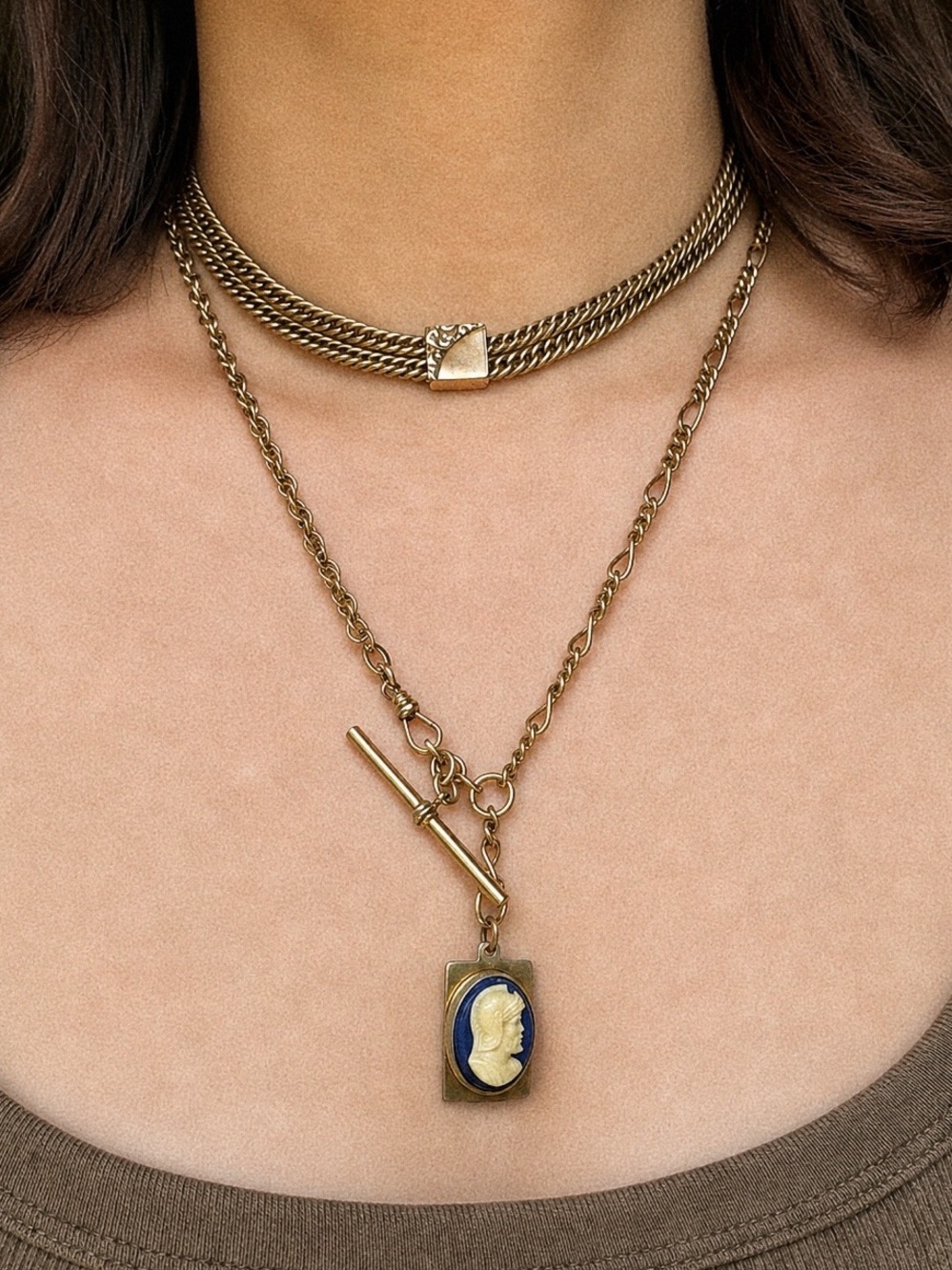 Antique Cameo Pendant pocket watch chain Necklace Gold Filled T Bar OOAK